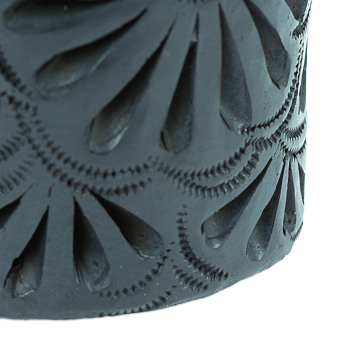 Mexican Handmade Barro Negro Black Ceramic Mini Flower Pot - Oval & Peacock