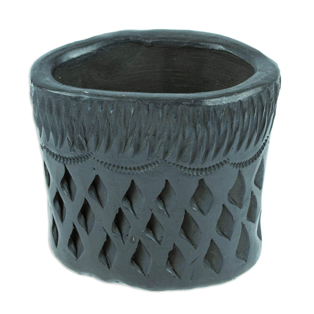 Barro Negro Black Ceramic Mini Flower Pot Handmade in Mexico - Oval & Diamonds