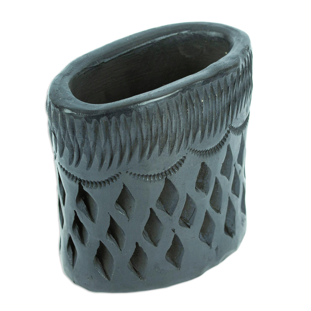 Barro Negro Black Ceramic Mini Flower Pot Handmade in Mexico - Oval & Diamonds