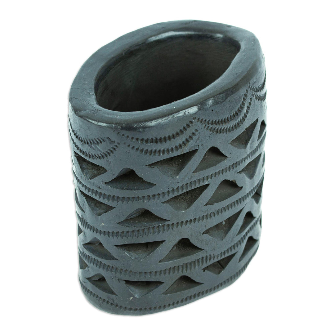 Mexican Handmade Barro Negro Black Ceramic Mini Flower Pot - Oval & Half Diamonds