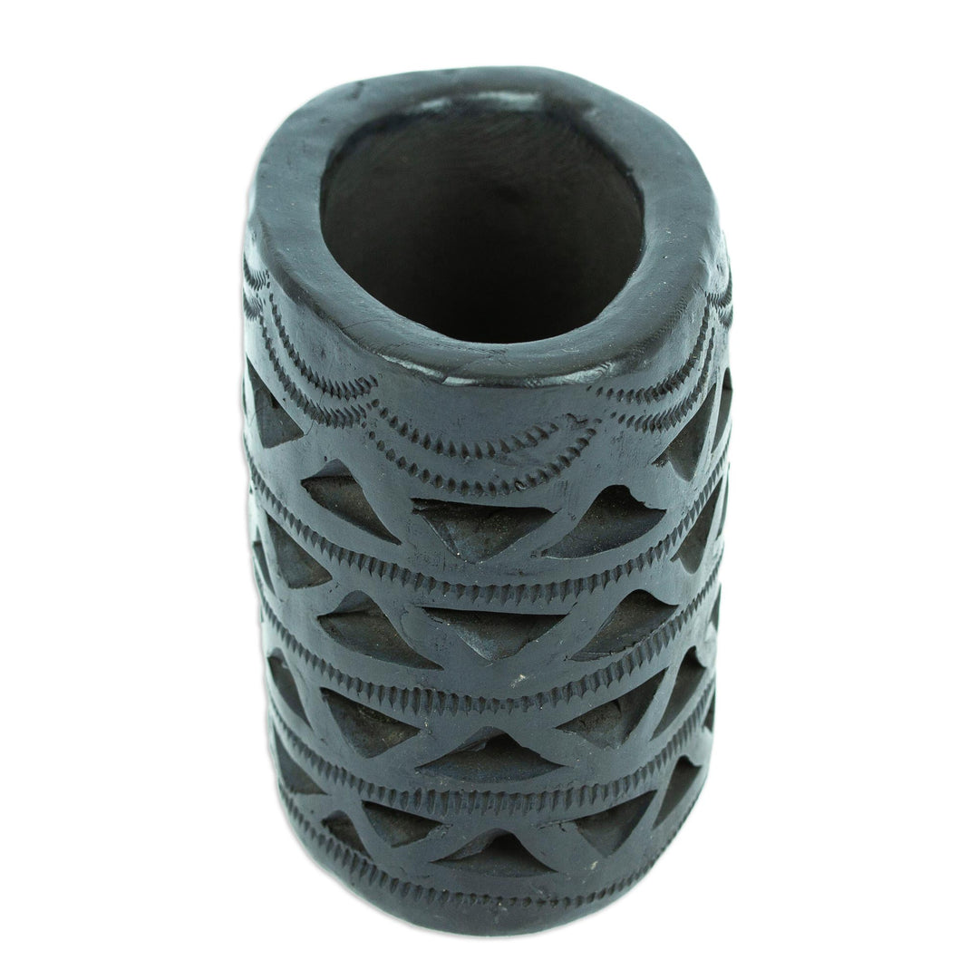 Mexican Handmade Barro Negro Black Ceramic Mini Flower Pot - Oval & Half Diamonds