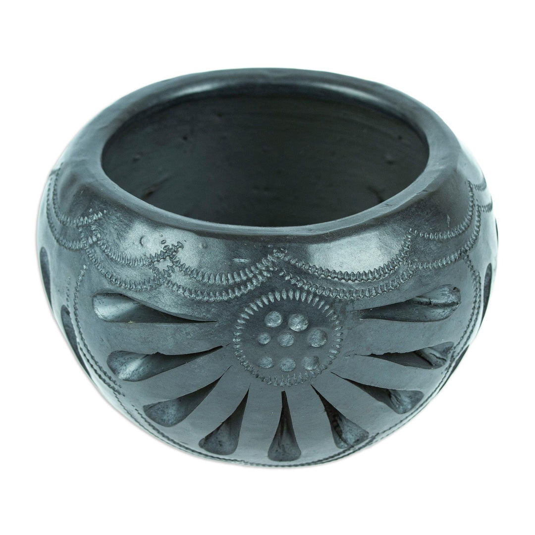 Mexican Barro Negro Flower Pot with Peacock Motifs - Peacock Luxury