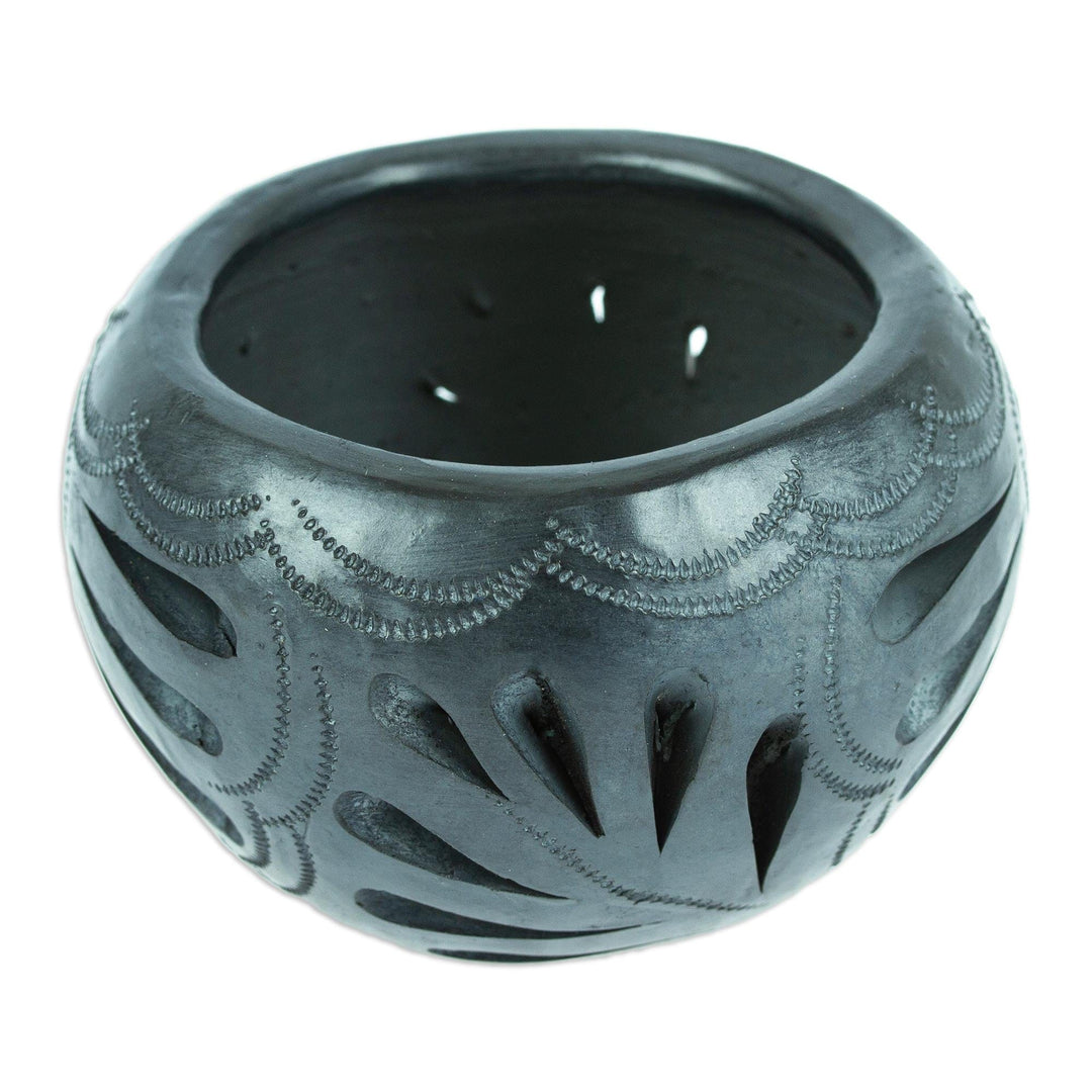 Mexican Barro Negro Flower Pot with Peacock Motifs - Peacock Luxury