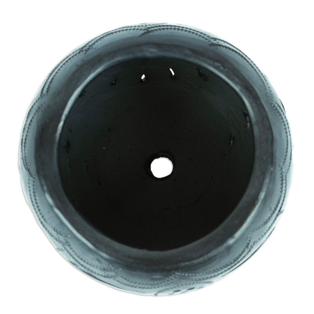 Mexican Barro Negro Flower Pot with Peacock Motifs - Peacock Luxury
