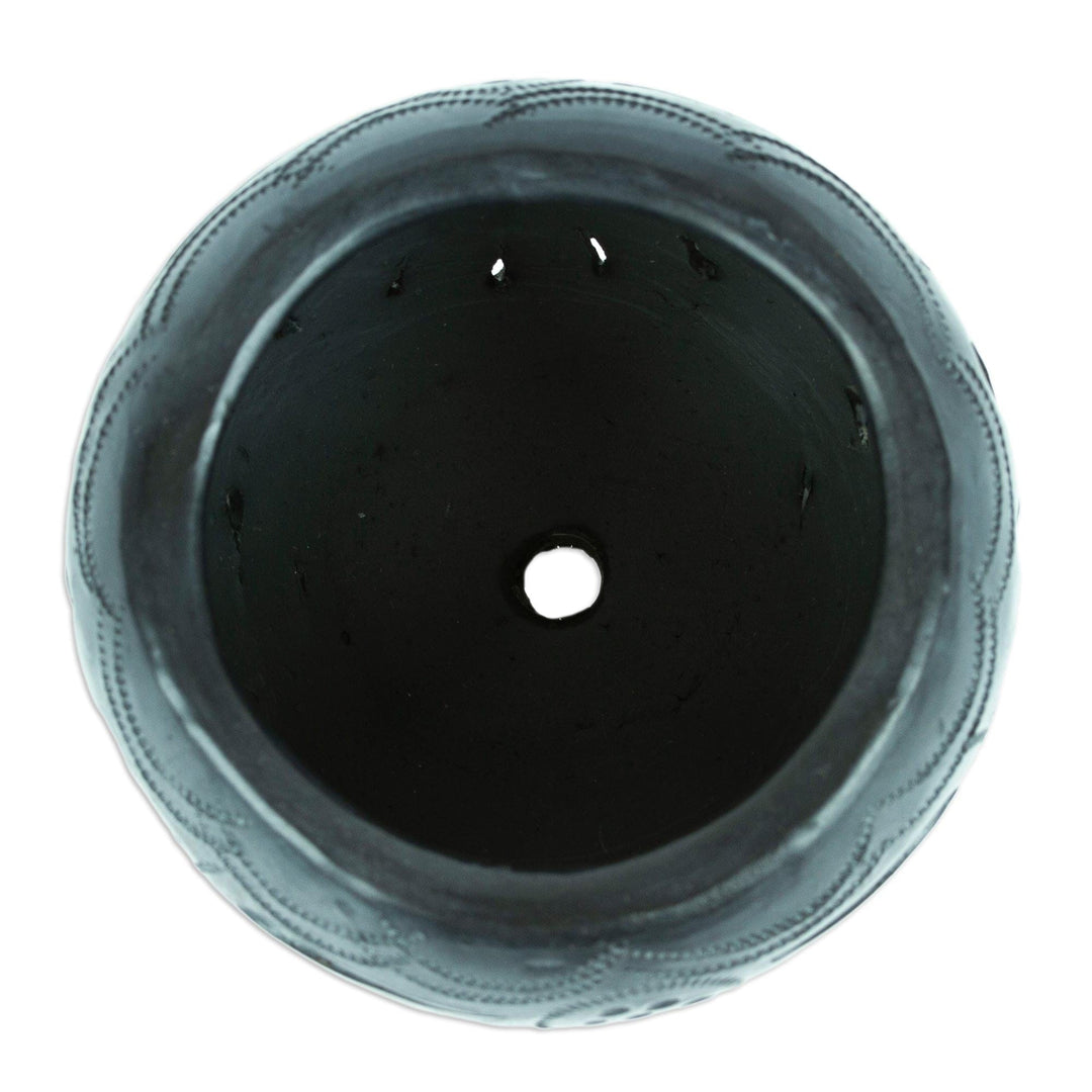 Mexican Barro Negro Flower Pot with Peacock Motifs - Peacock Luxury