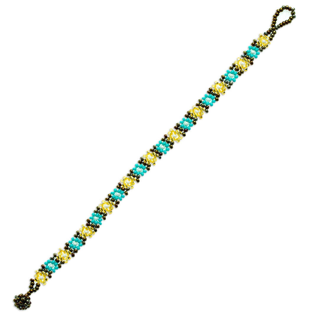 Handcrafted Glass Beaded Bracelet with Floral Motifs - Turquoise Sparks