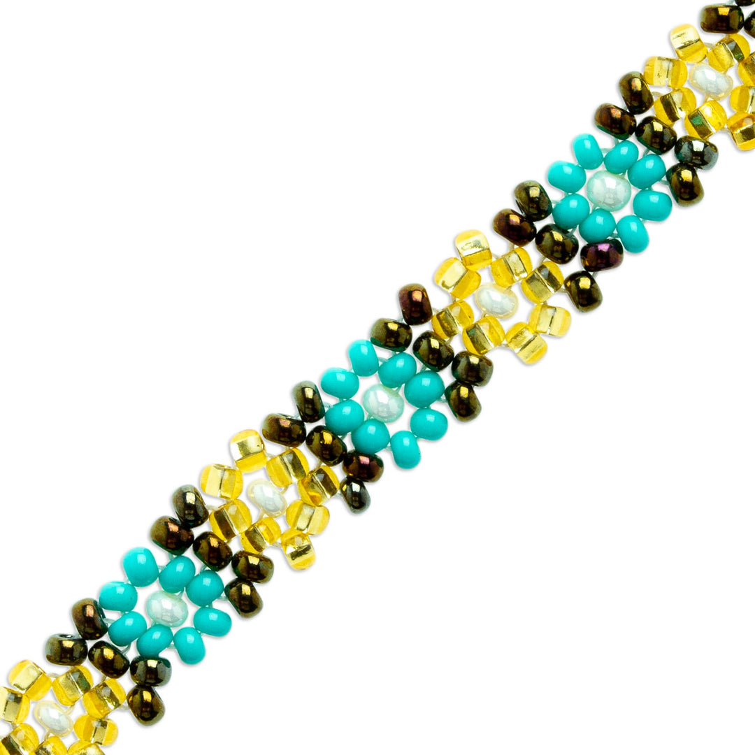 Handcrafted Glass Beaded Bracelet with Floral Motifs - Turquoise Sparks