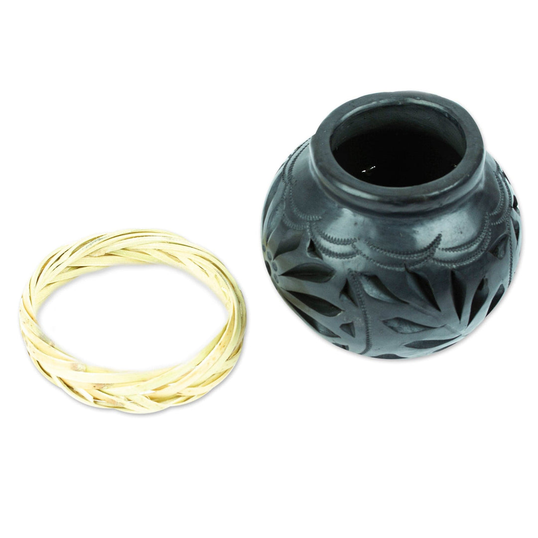 Mexican Barro Negro Decorative Vase with Floral Details - Oaxaca Pottery Blossom