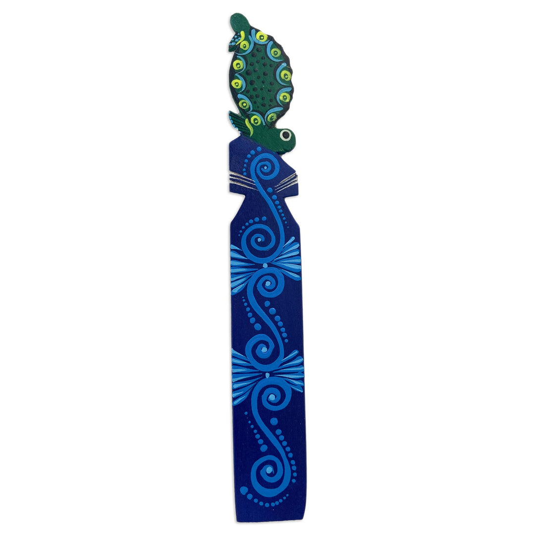 Hand Painted Green Turtle on Copal Wood Bookmark from Mexico - Reading Turtle