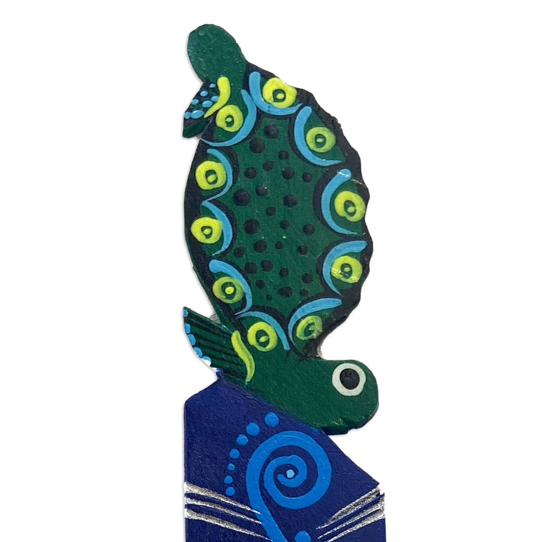 Hand Painted Green Turtle on Copal Wood Bookmark from Mexico - Reading Turtle