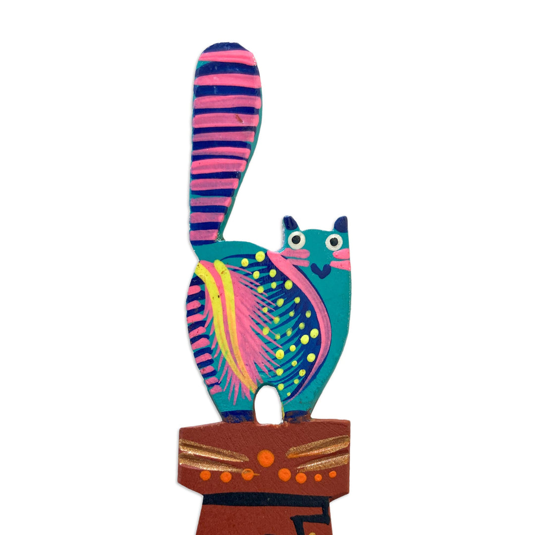 Teal and Pink Cat-Themed Copal Wood Bookmark from Mexico - Reading Cat