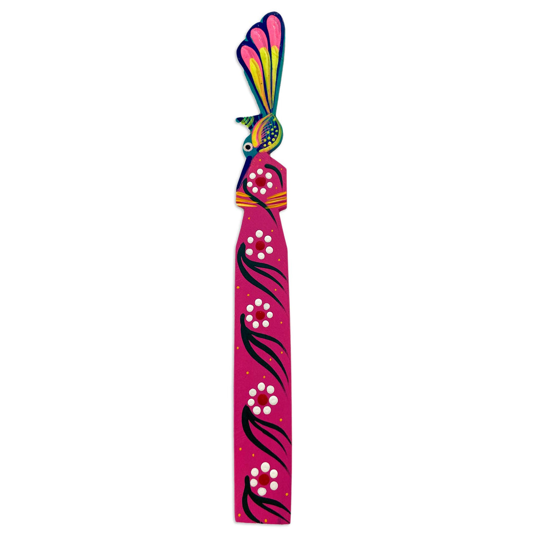 Handmade Floral Bird-Themed Copal Wood Bookmark from Mexico - Reading Hummingbird