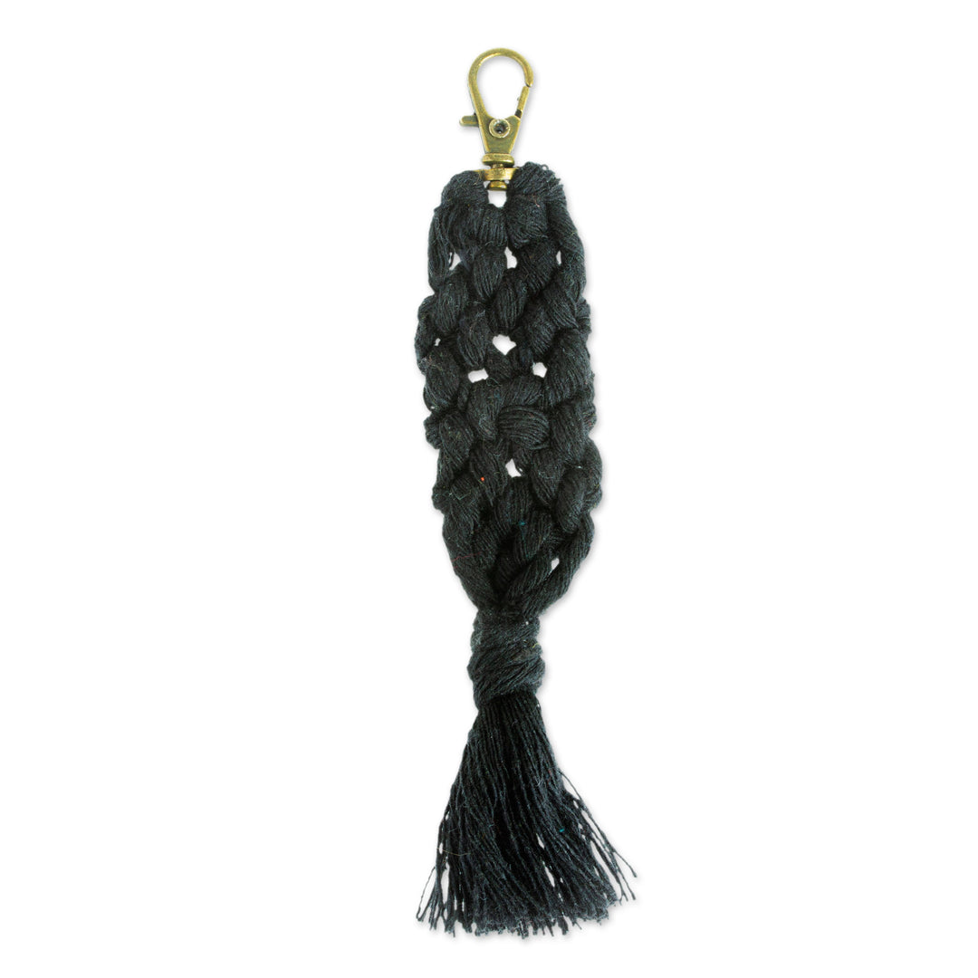 Mexican Recycled Cotton Macrame Keychain in Black - Black Structure