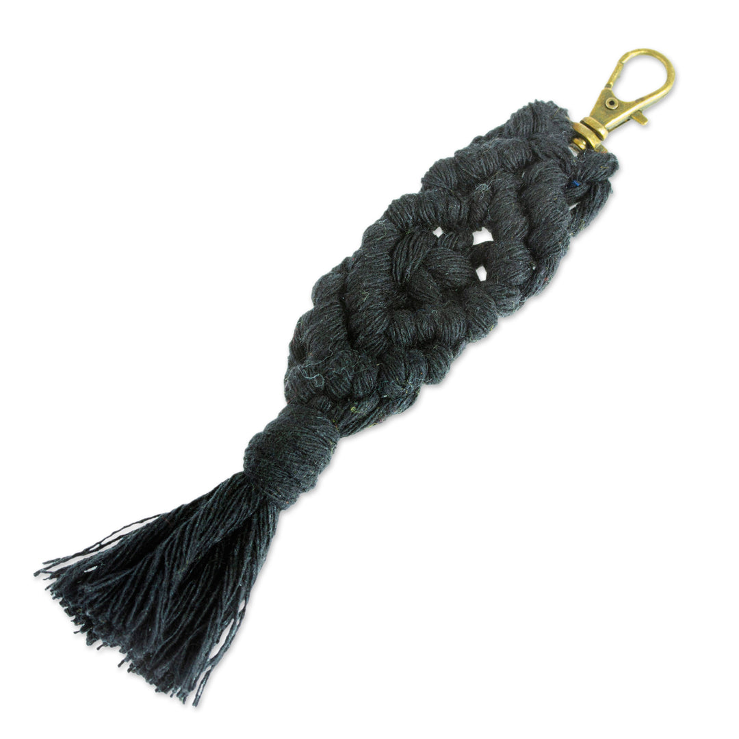 Mexican Recycled Cotton Macrame Keychain in Black - Black Structure