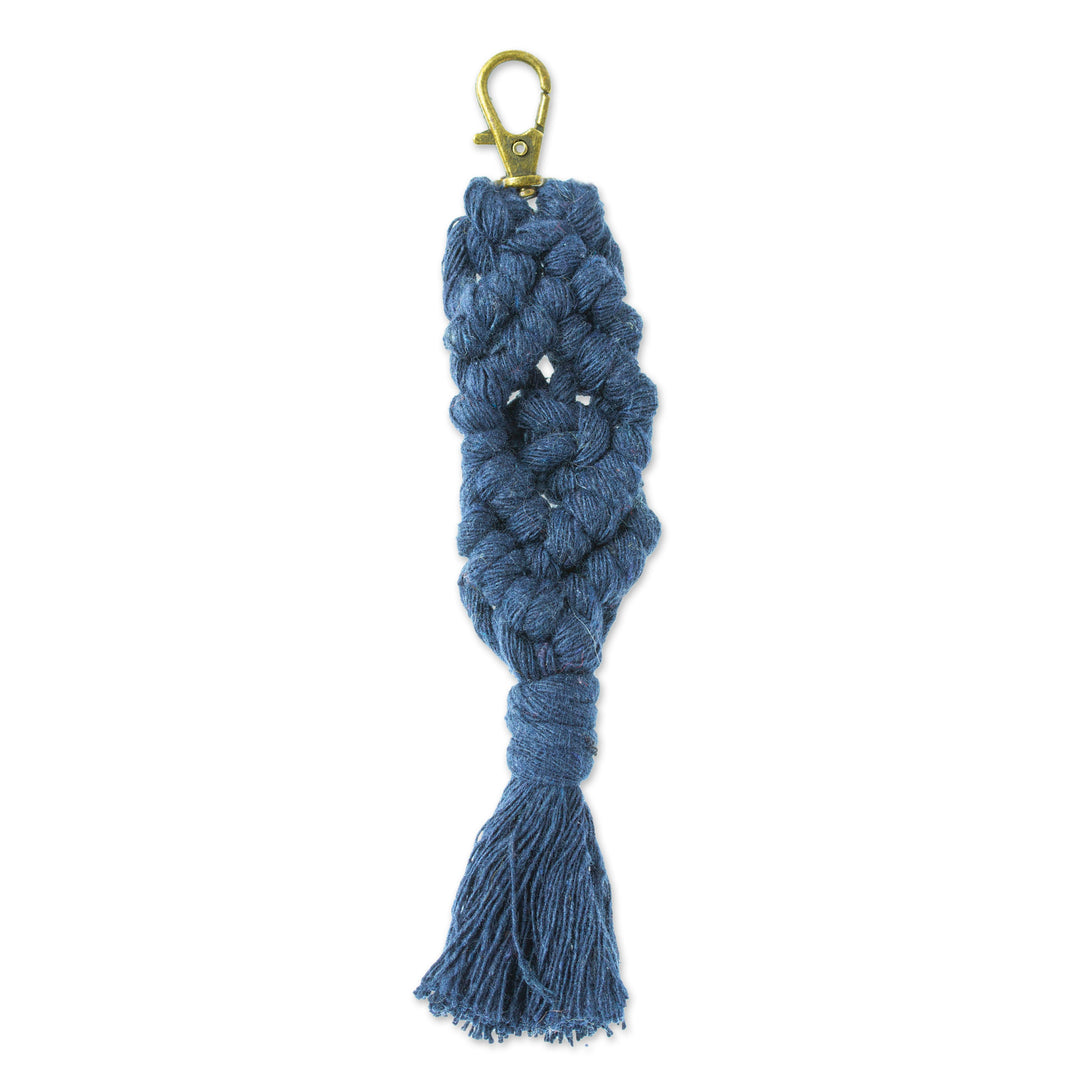 Mexican Recycled Cotton Macrame Keychain in Blue - Blue Structure