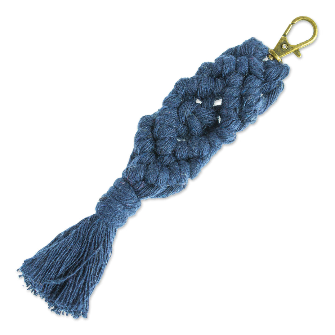 Mexican Recycled Cotton Macrame Keychain in Blue - Blue Structure