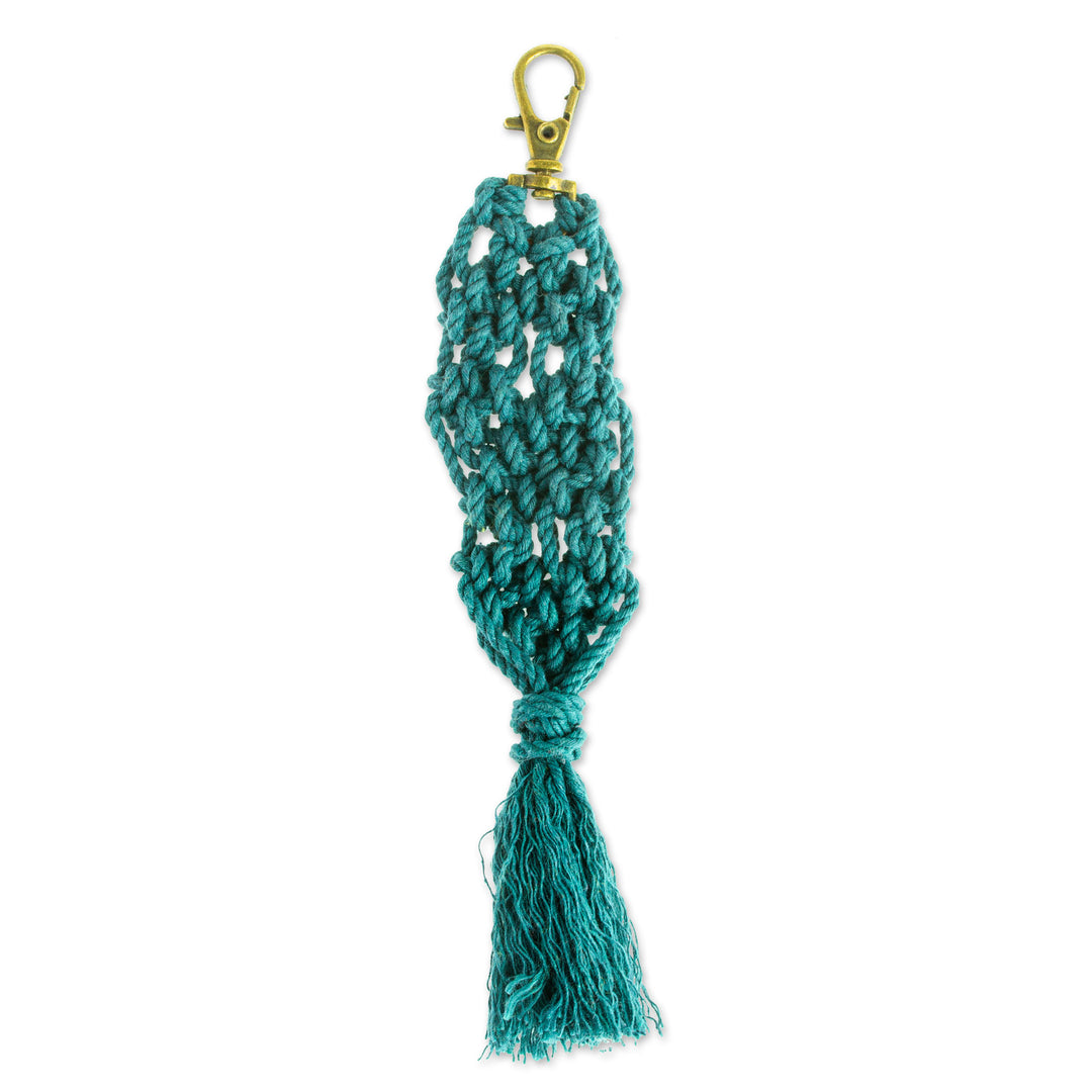 Mexican Recycled Cotton Macrame Keychain in Emerald - Emerald Structure