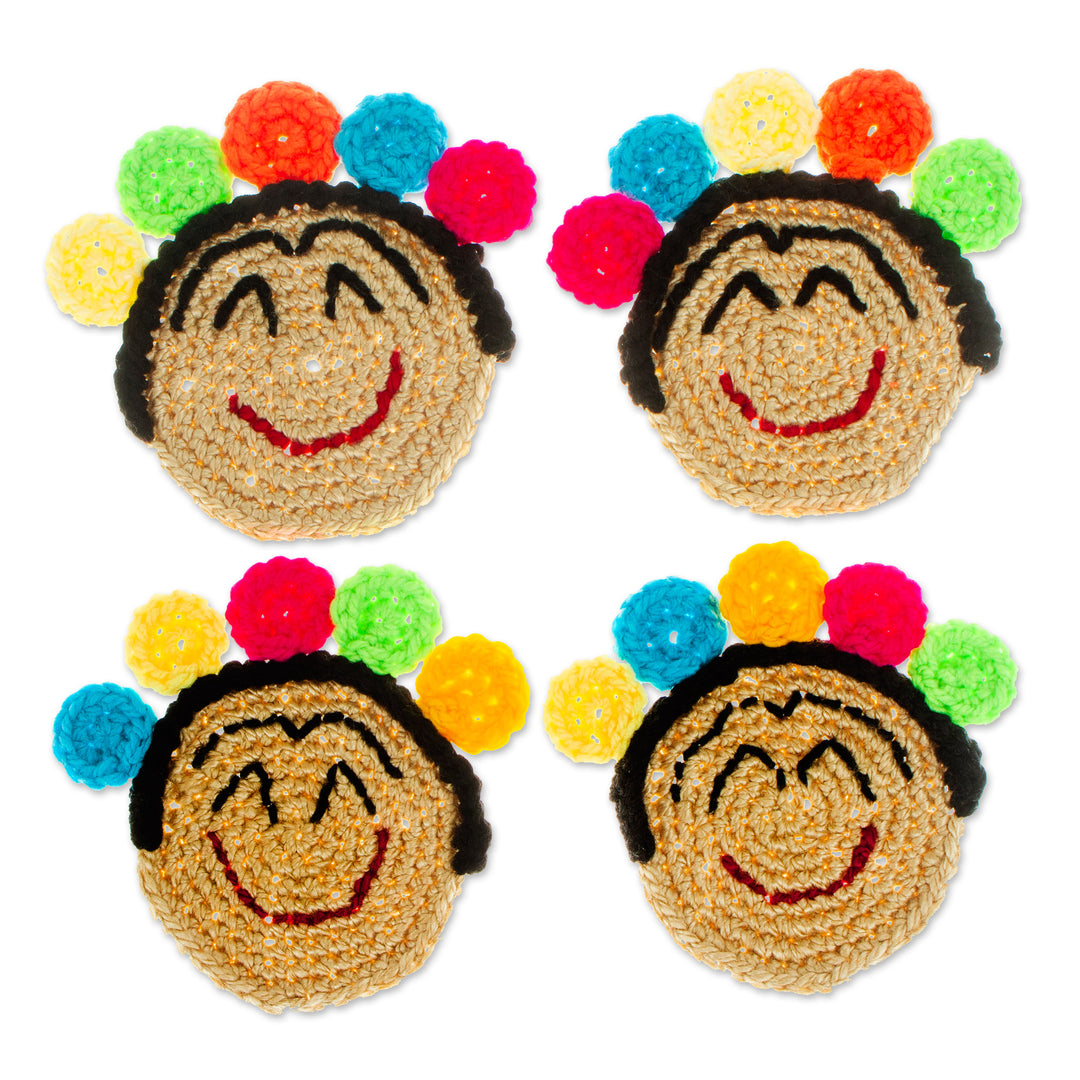 Set of 4 Frida Kahlo Crocheted Coasters from Mexico - Festive Frida