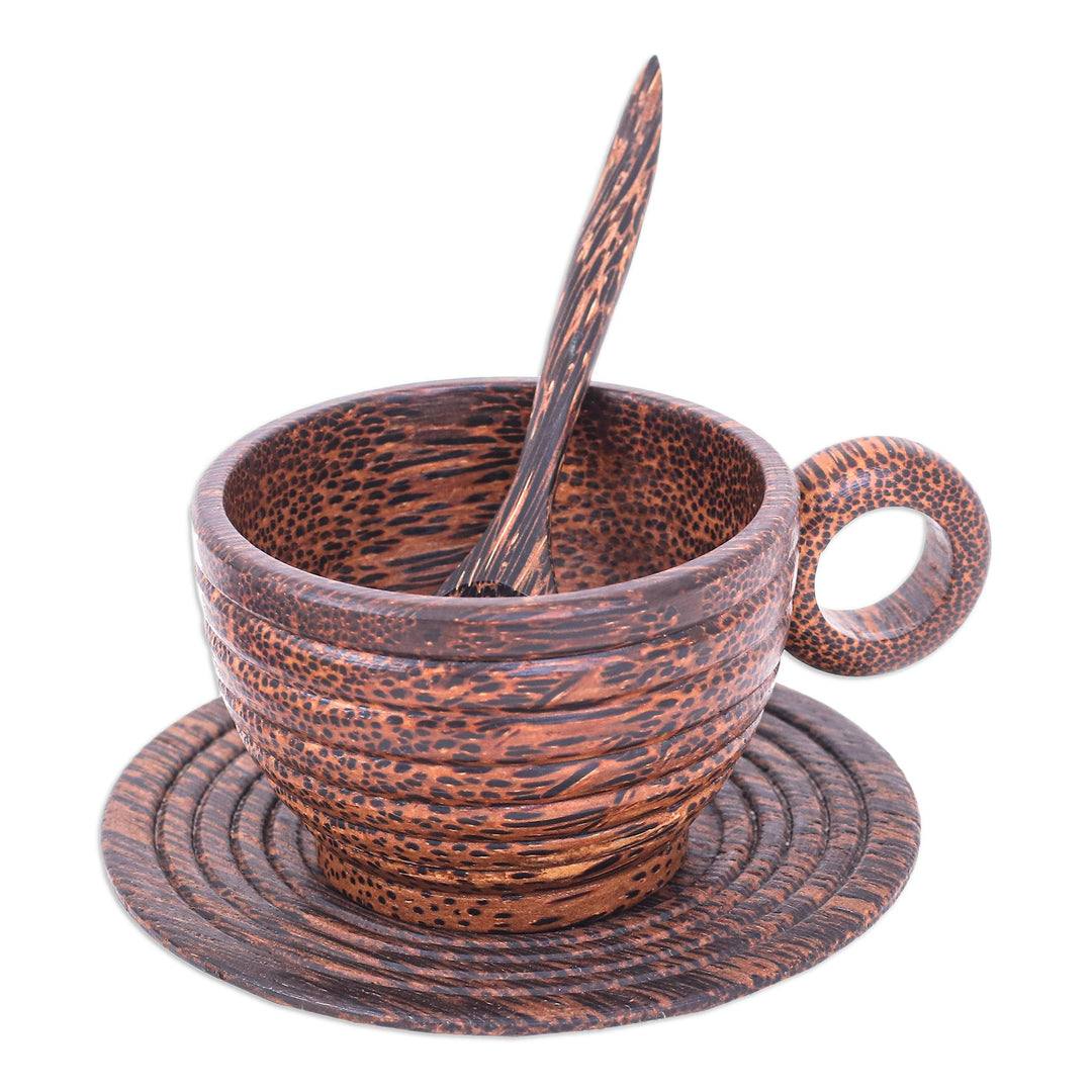 Hand-Carved Striped Wood Coffee Set in Brown (Set of 3) - Striped Natural Reunion