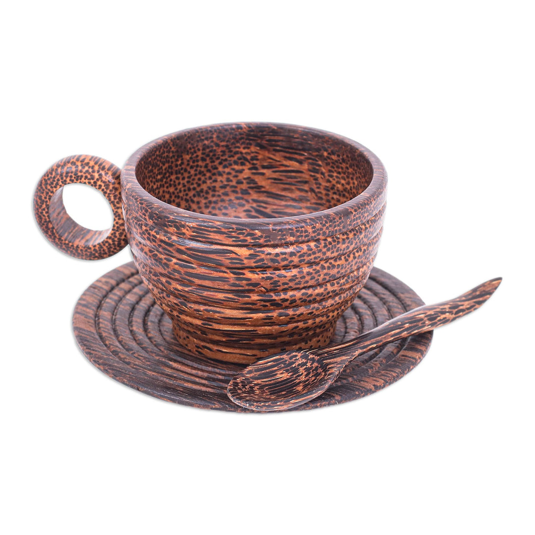 Hand-Carved Striped Wood Coffee Set in Brown (Set of 3) - Striped Natural Reunion