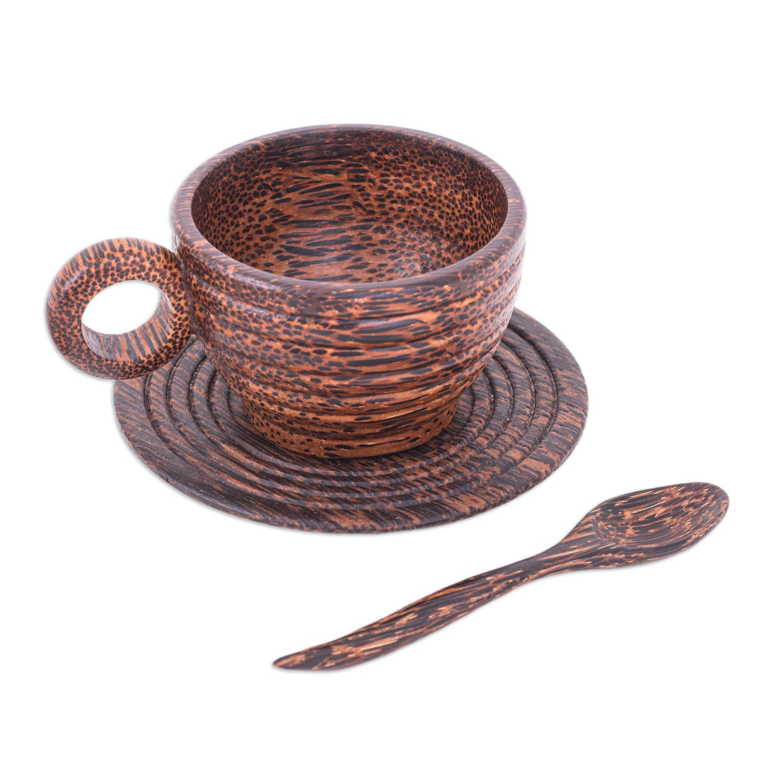 Hand-Carved Striped Wood Coffee Set in Brown (Set of 3) - Striped Natural Reunion