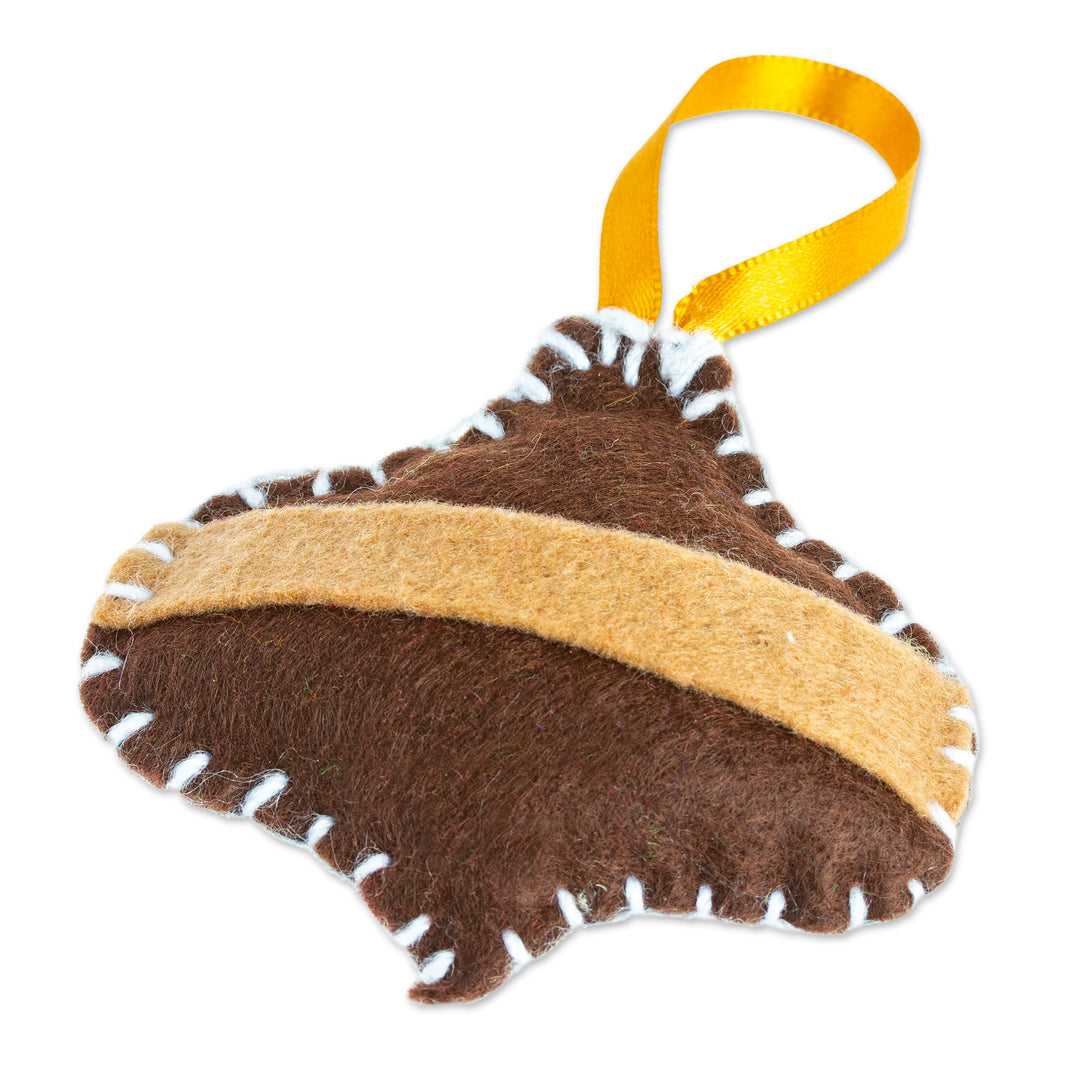 Brown Jingle Bell Felt Ornament Handcrafted in Mexico - Festive Jingle Bell