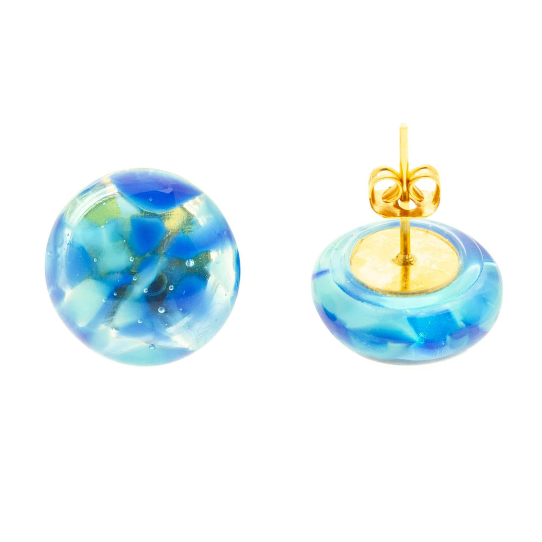 Blue Fused Glass Mosaic Button Earrings from Mexico - Blue Textures
