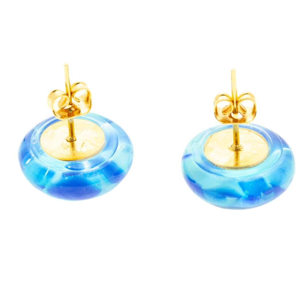 Blue Fused Glass Mosaic Button Earrings from Mexico - Blue Textures