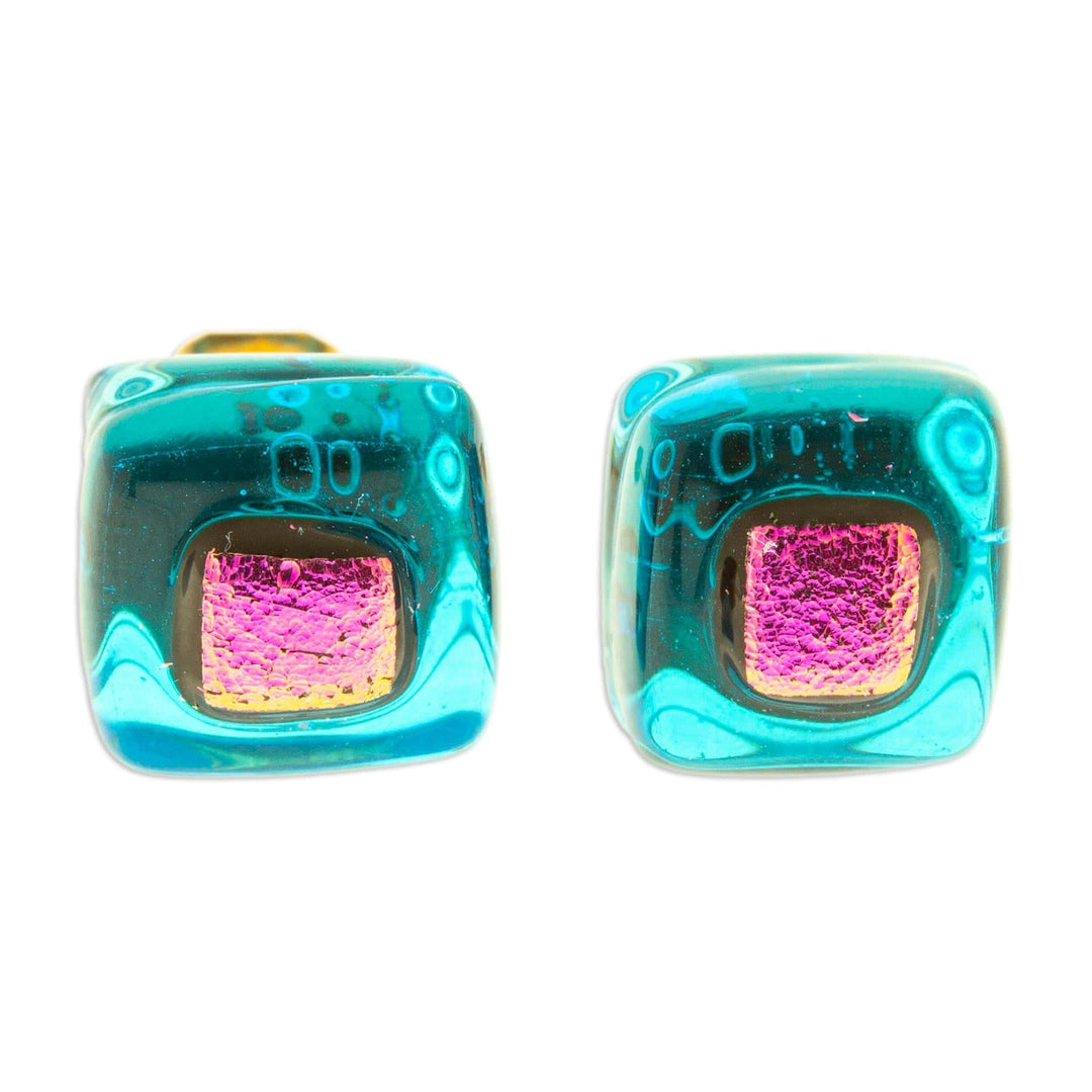 Blue & Pink Fused Glass Mosaic Stud Earrings from Mexico - Blue & Rose Mosaic