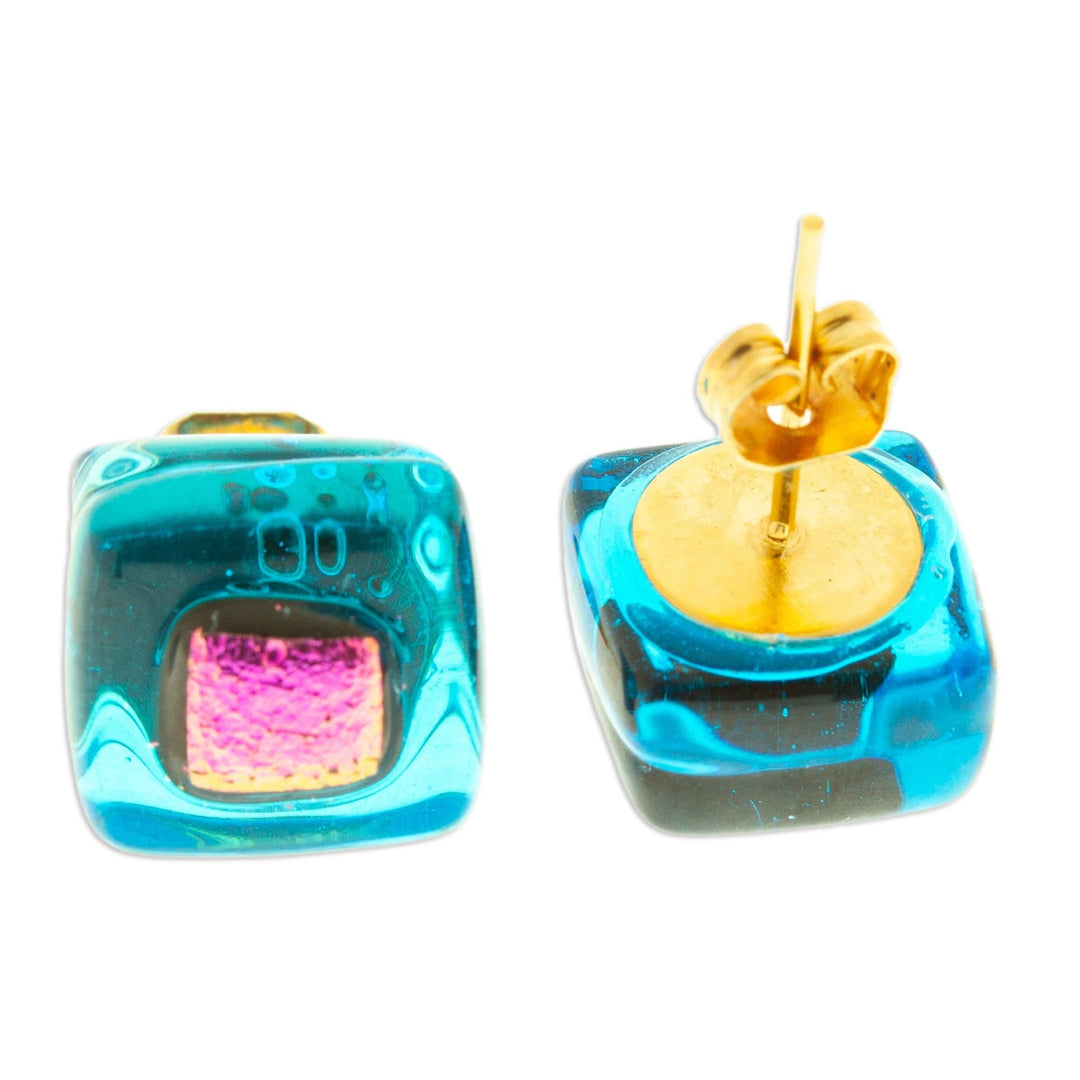 Blue & Pink Fused Glass Mosaic Stud Earrings from Mexico - Blue & Rose Mosaic