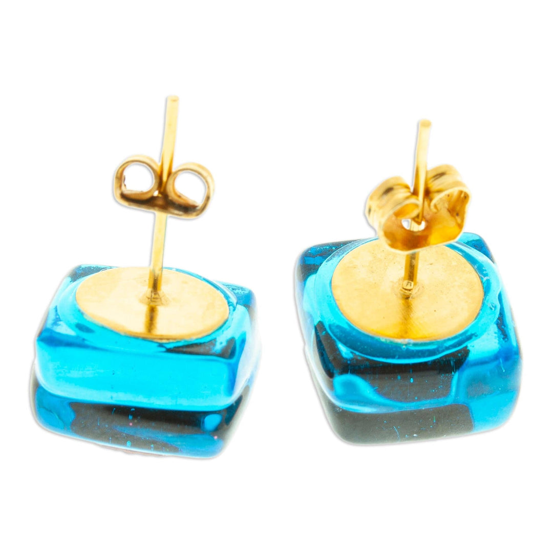 Blue & Pink Fused Glass Mosaic Stud Earrings from Mexico - Blue & Rose Mosaic