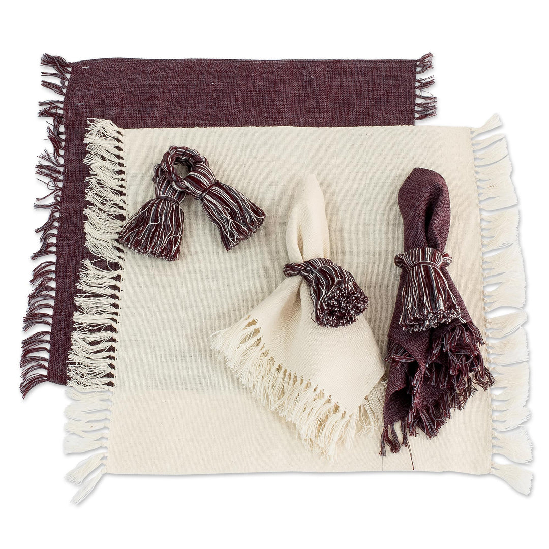 Set of 4 Handloomed Cotton Napkins and Rings from Guatemala - Traditional Delight