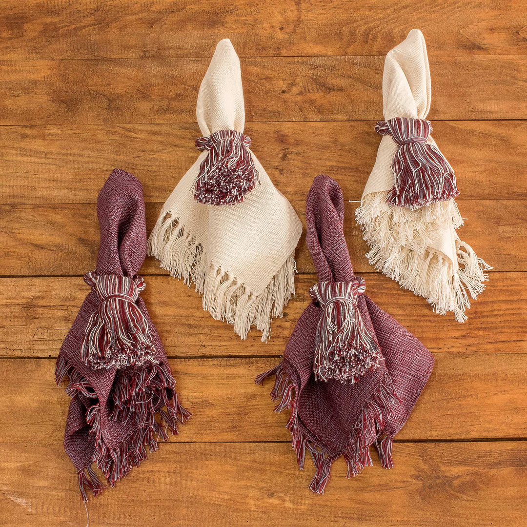 Set of 4 Handloomed Cotton Napkins and Rings from Guatemala - Traditional Delight