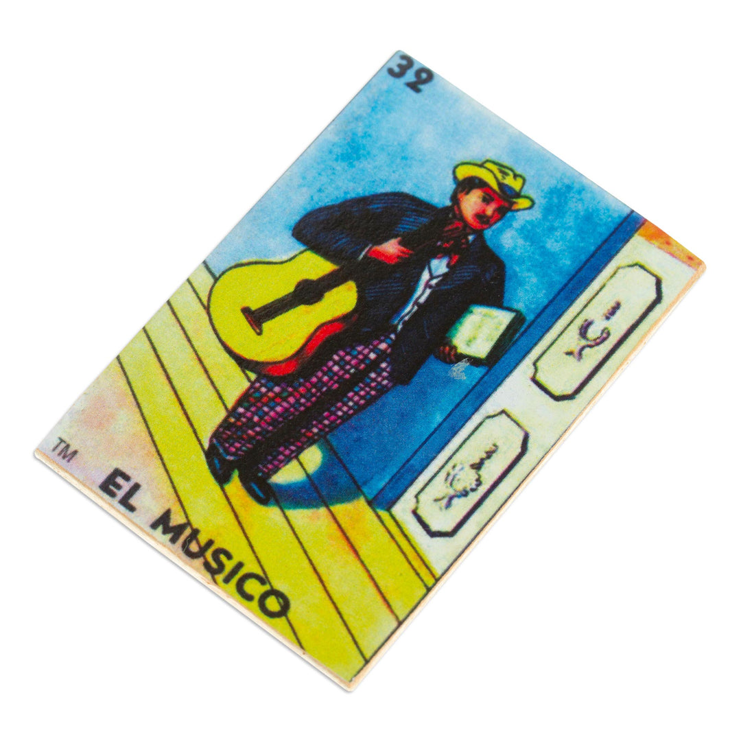 Mexican Wood Magnet with Musical-Themed Decoupage - Colorful Musician