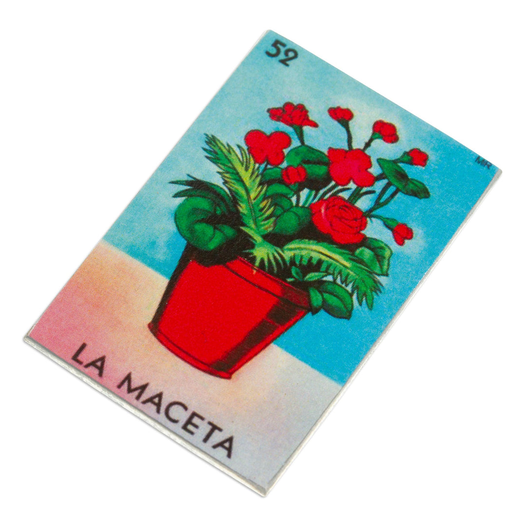 Mexican Wood Magnet with Red Flower Pot Decoupage - Mexican Blooms