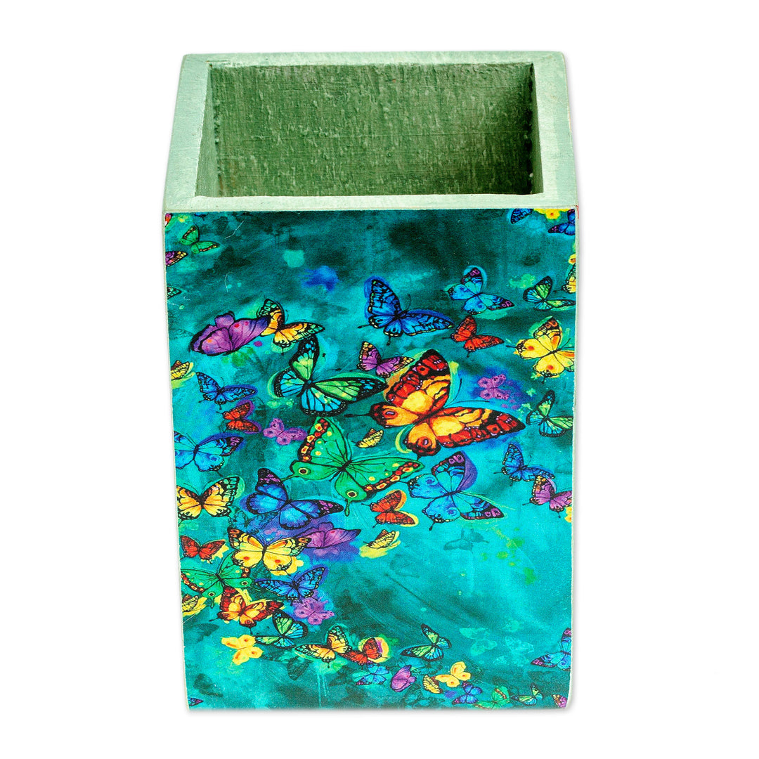 Pine Wood Pencil Holder with Decoupage Butterflies - Paradise Butterflies