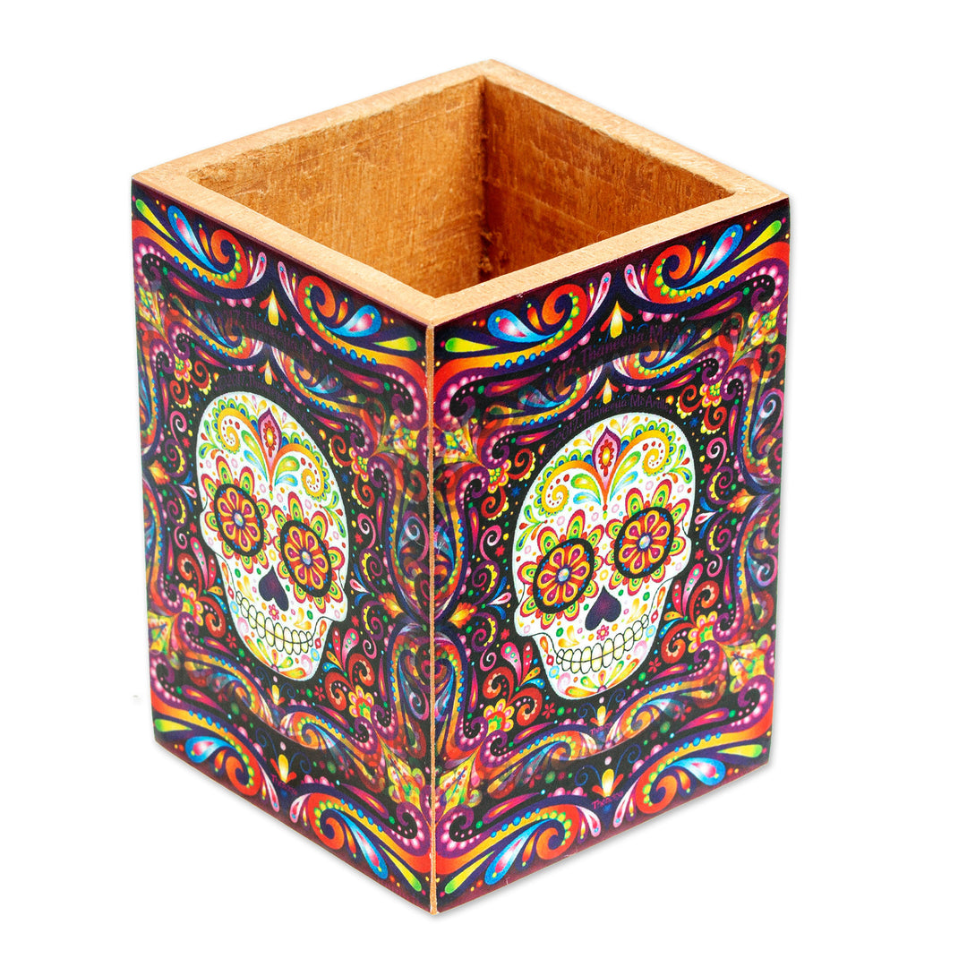 Pine Wood Pencil Holder with Day of the Dead Decoupage - Convenient Skull