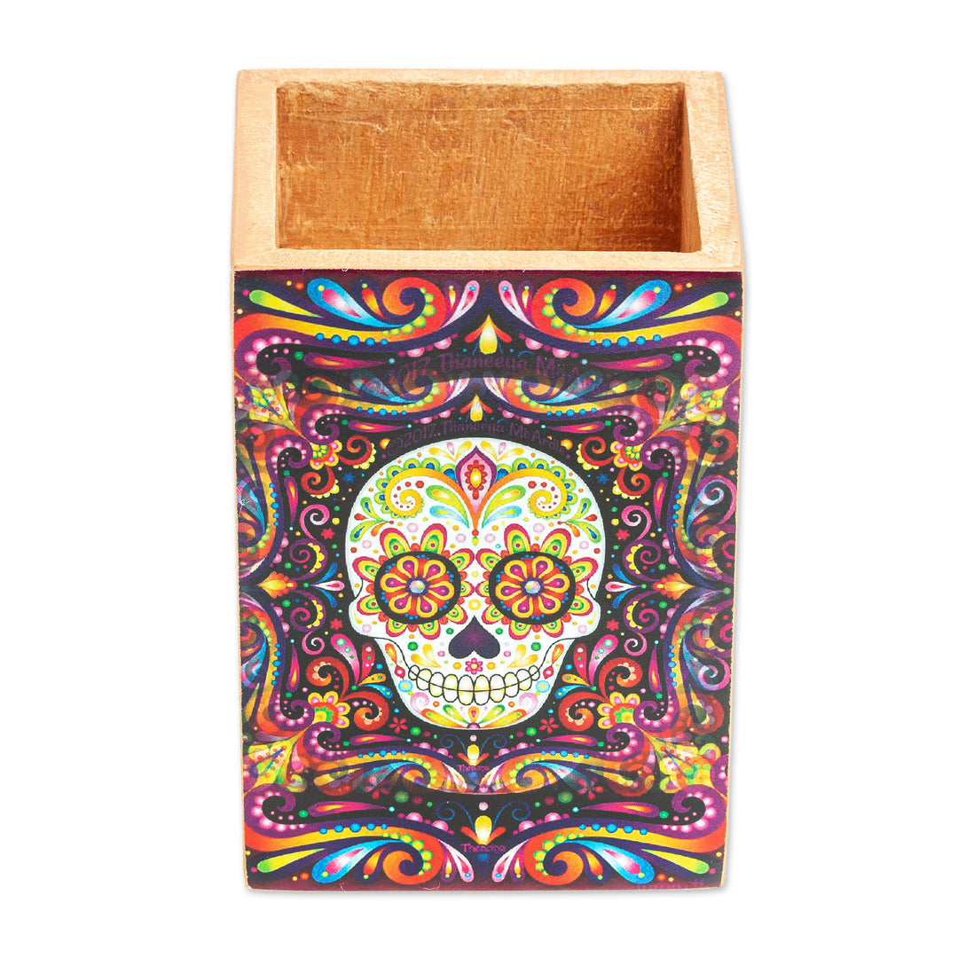 Pine Wood Pencil Holder with Day of the Dead Decoupage - Convenient Skull