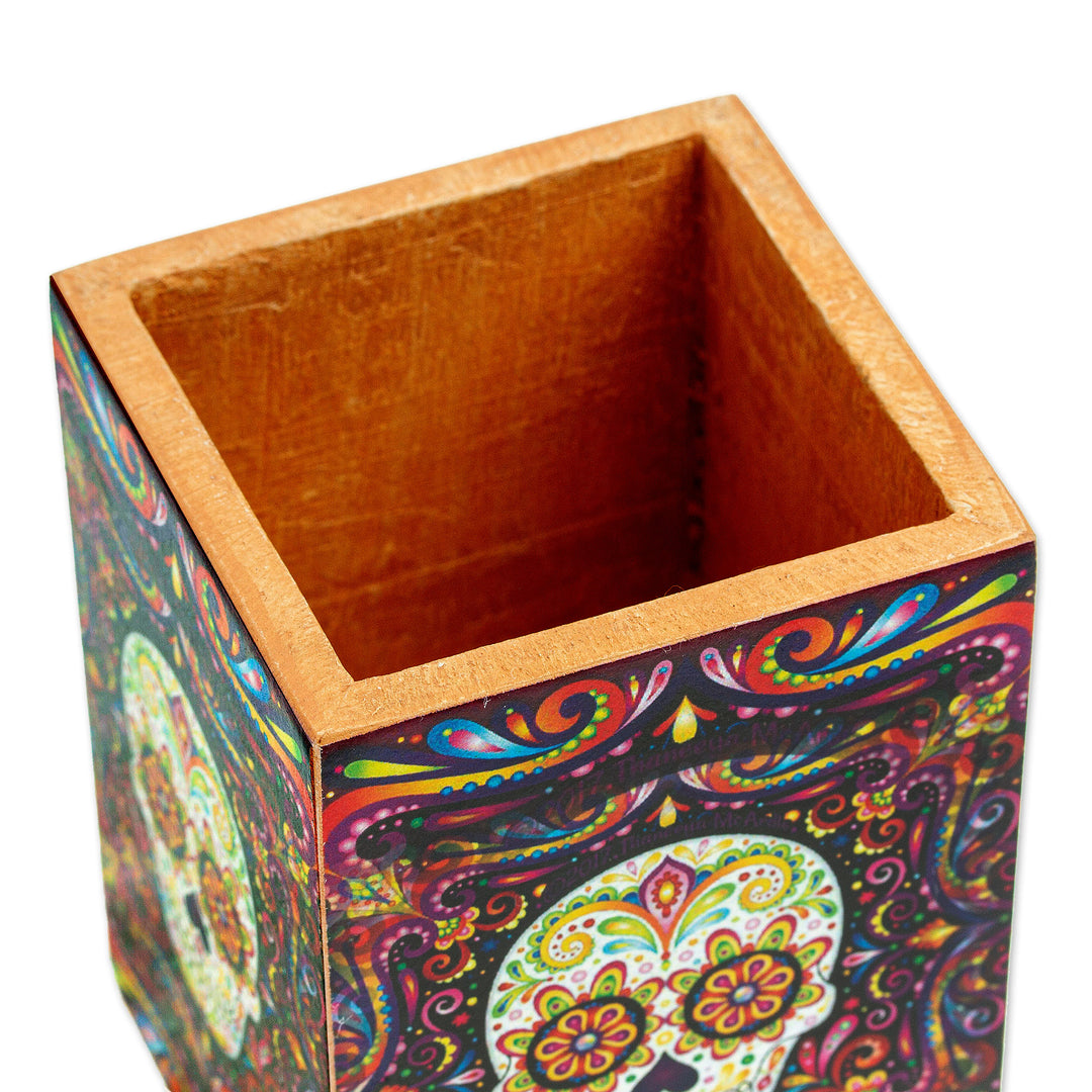 Pine Wood Pencil Holder with Day of the Dead Decoupage - Convenient Skull