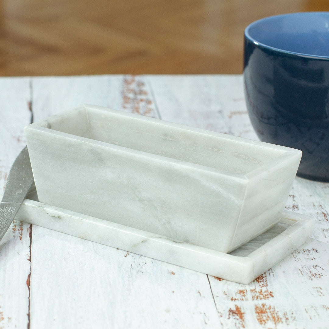 Pale Grey Marble Butter Dish Crafted in Mexico - Pale Softness