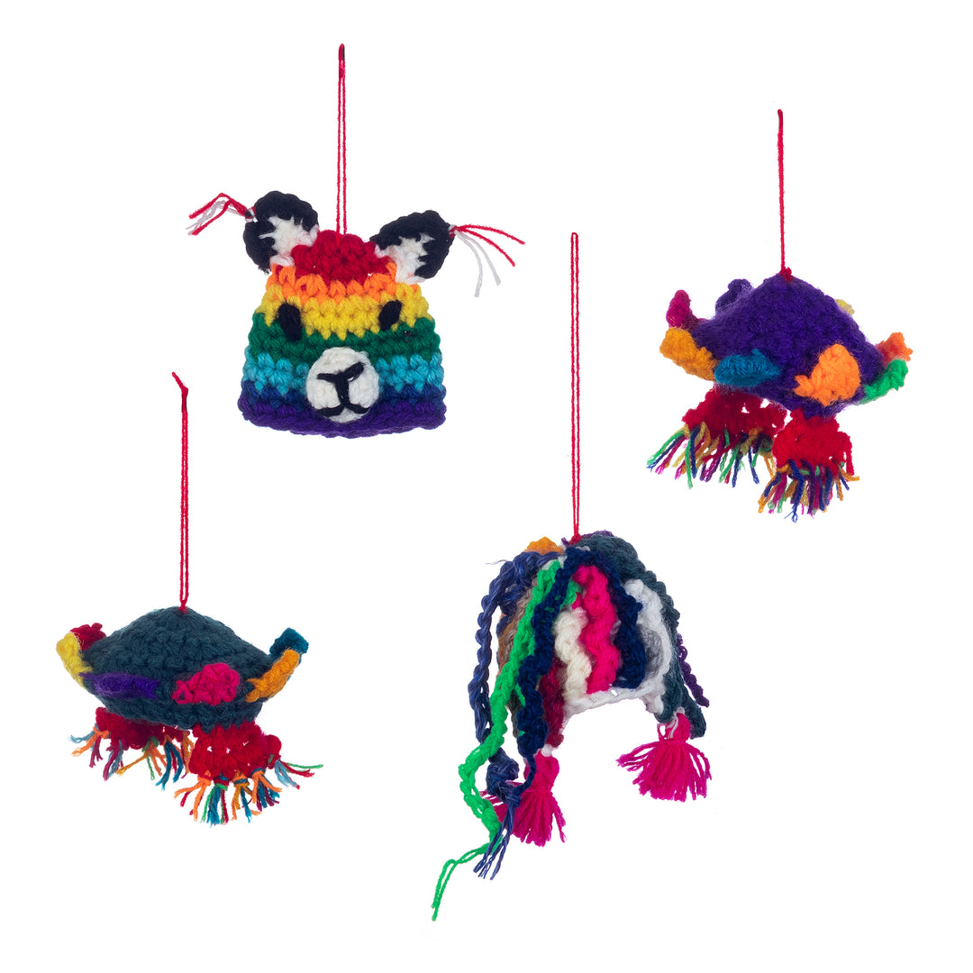 Crocheted Andean Ornaments with Hats (Set of 4) - Bright Andean Tradition