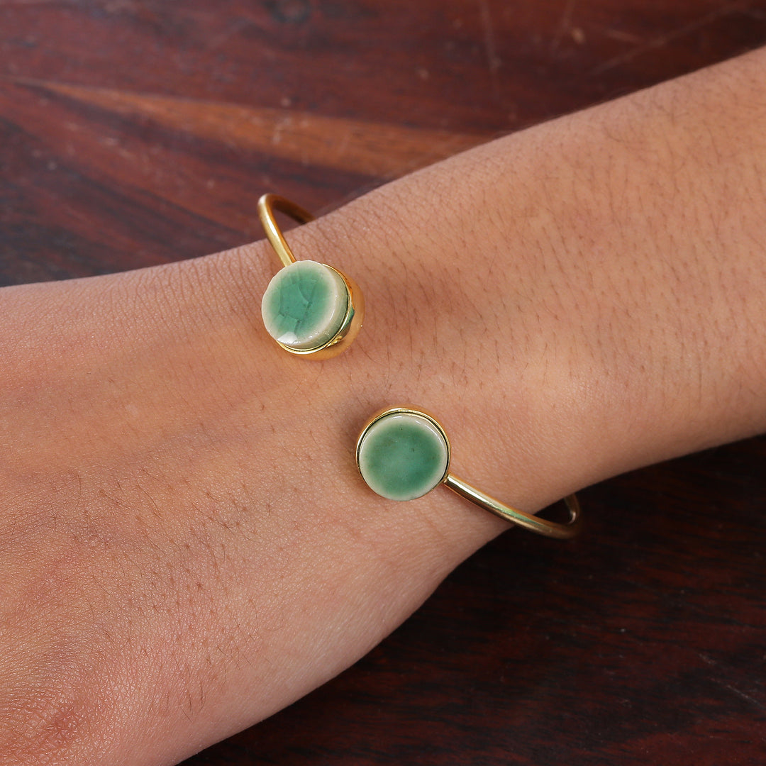 Modern Minimalist Brass and Green Ceramic Cuff Bracelet - Green Utopia
