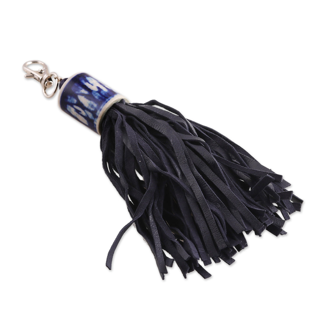 Handcrafted Black Leather and Blue Ceramic Keychain - Fringed Drum