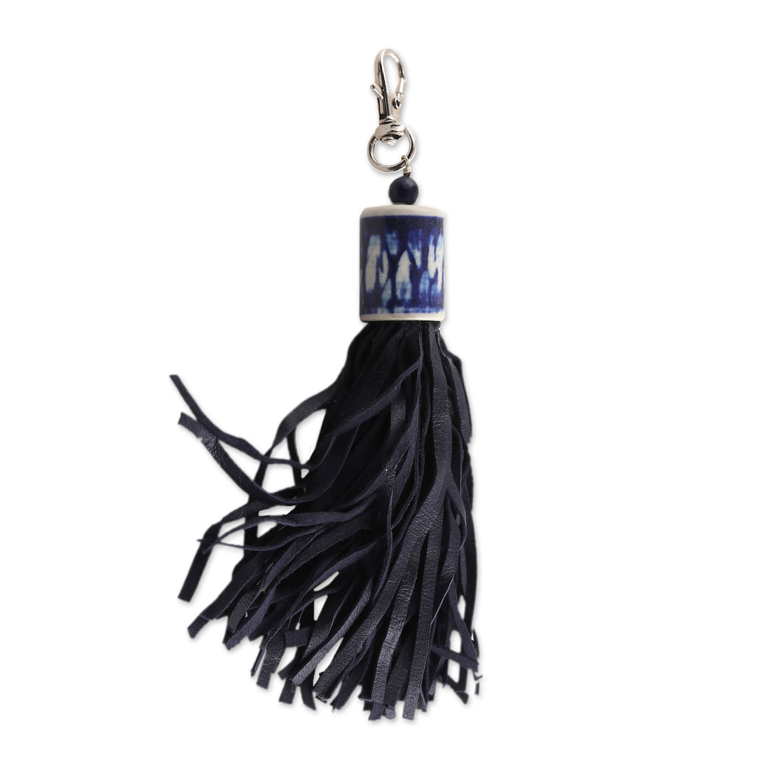 Handcrafted Black Leather and Blue Ceramic Keychain - Fringed Drum