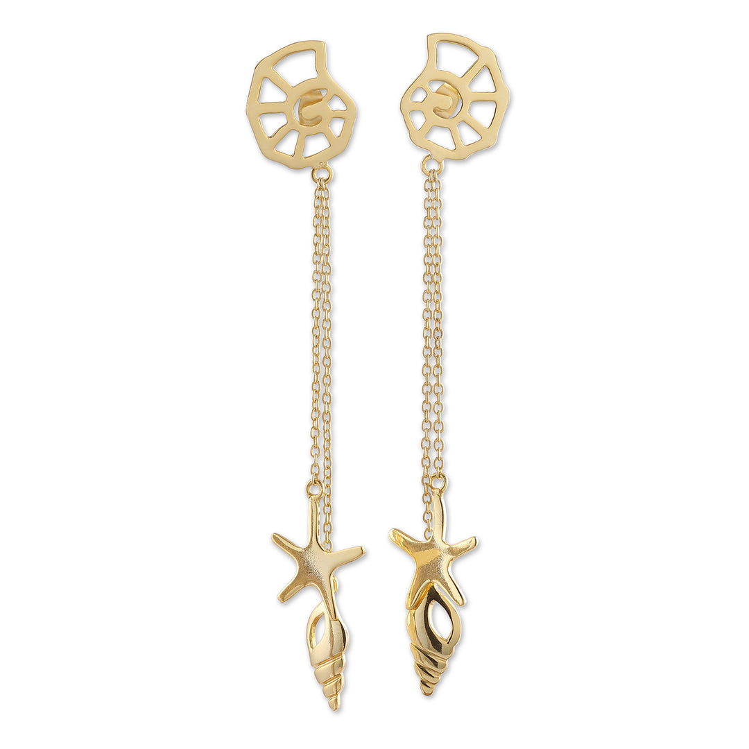 Sea-Life-Themed Brass Statement Dangle Earrings from India - Underwater Glory