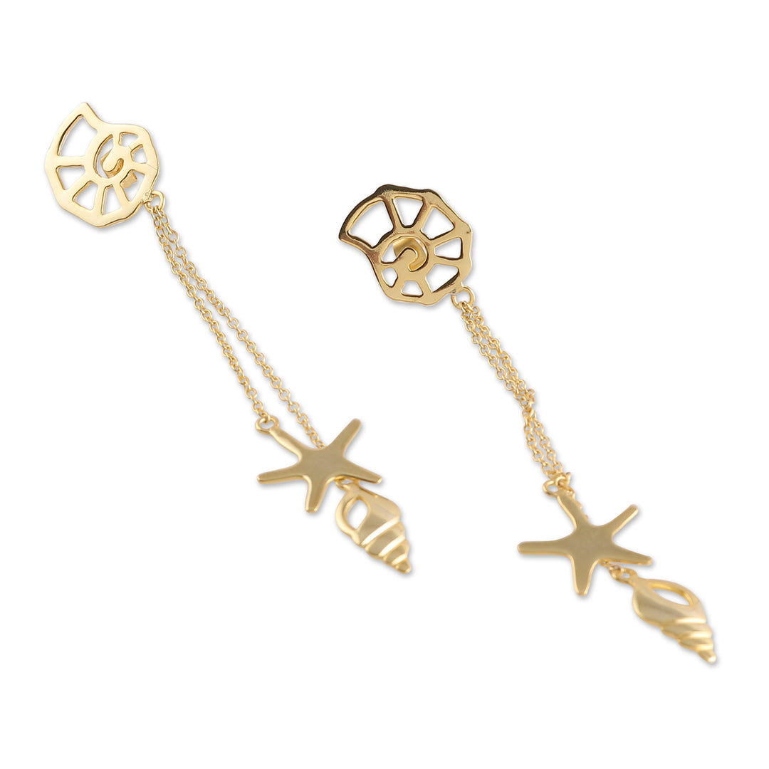 Sea-Life-Themed Brass Statement Dangle Earrings from India - Underwater Glory