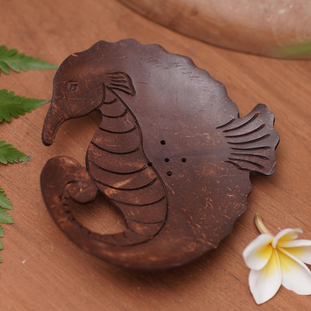Aquatic Coconut Shell Soap Holder Hand Carved in Bali - Serene Seahorse