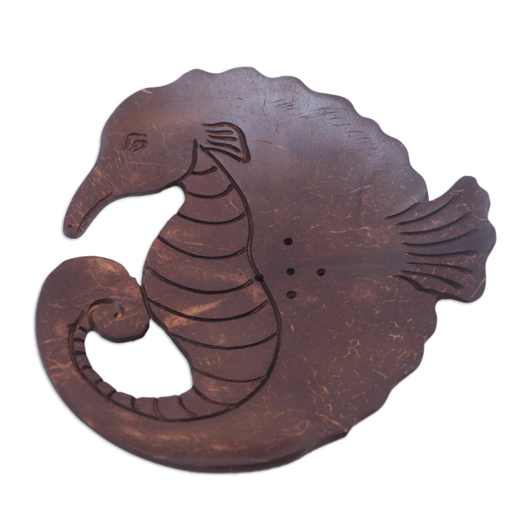Aquatic Coconut Shell Soap Holder Hand Carved in Bali - Serene Seahorse