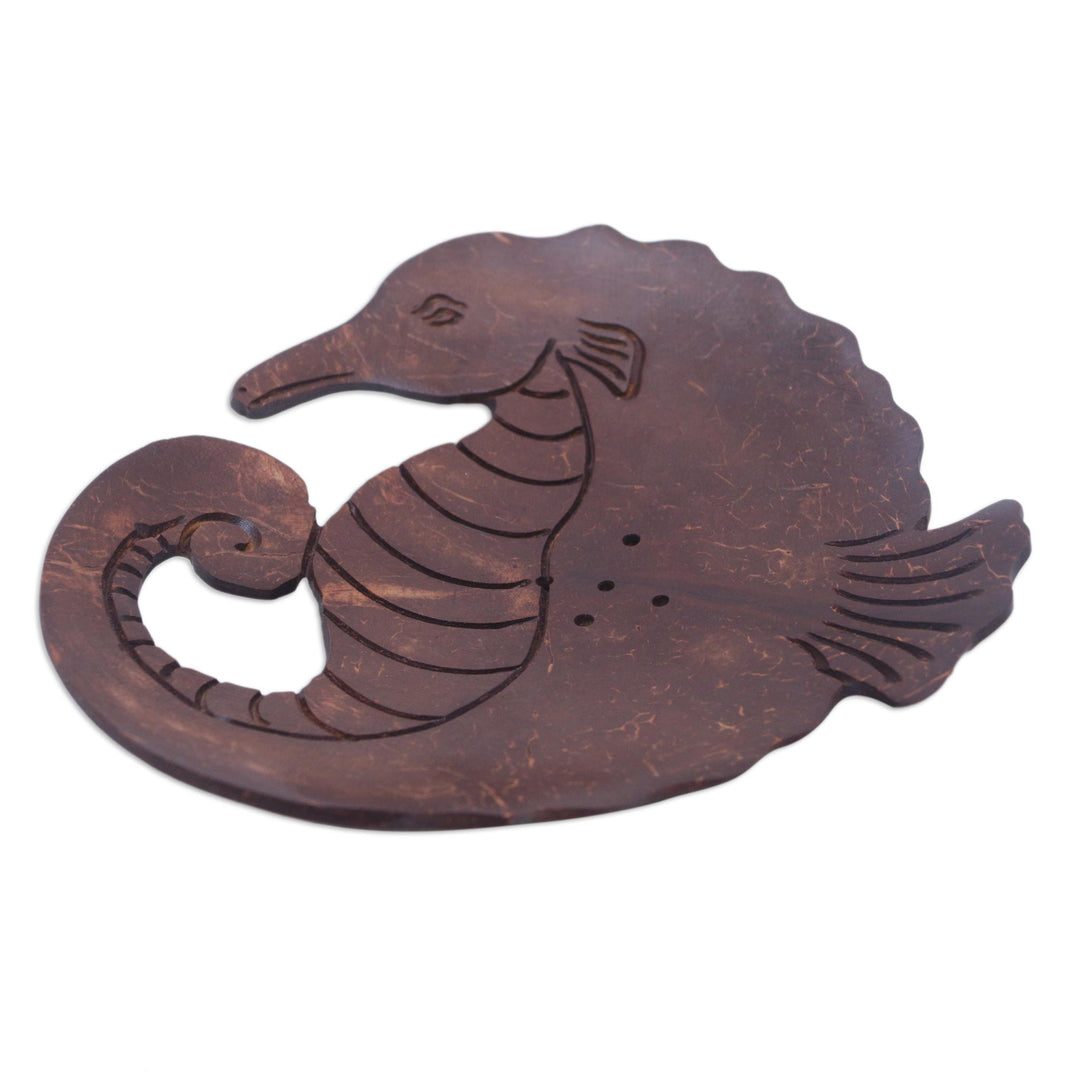 Aquatic Coconut Shell Soap Holder Hand Carved in Bali - Serene Seahorse