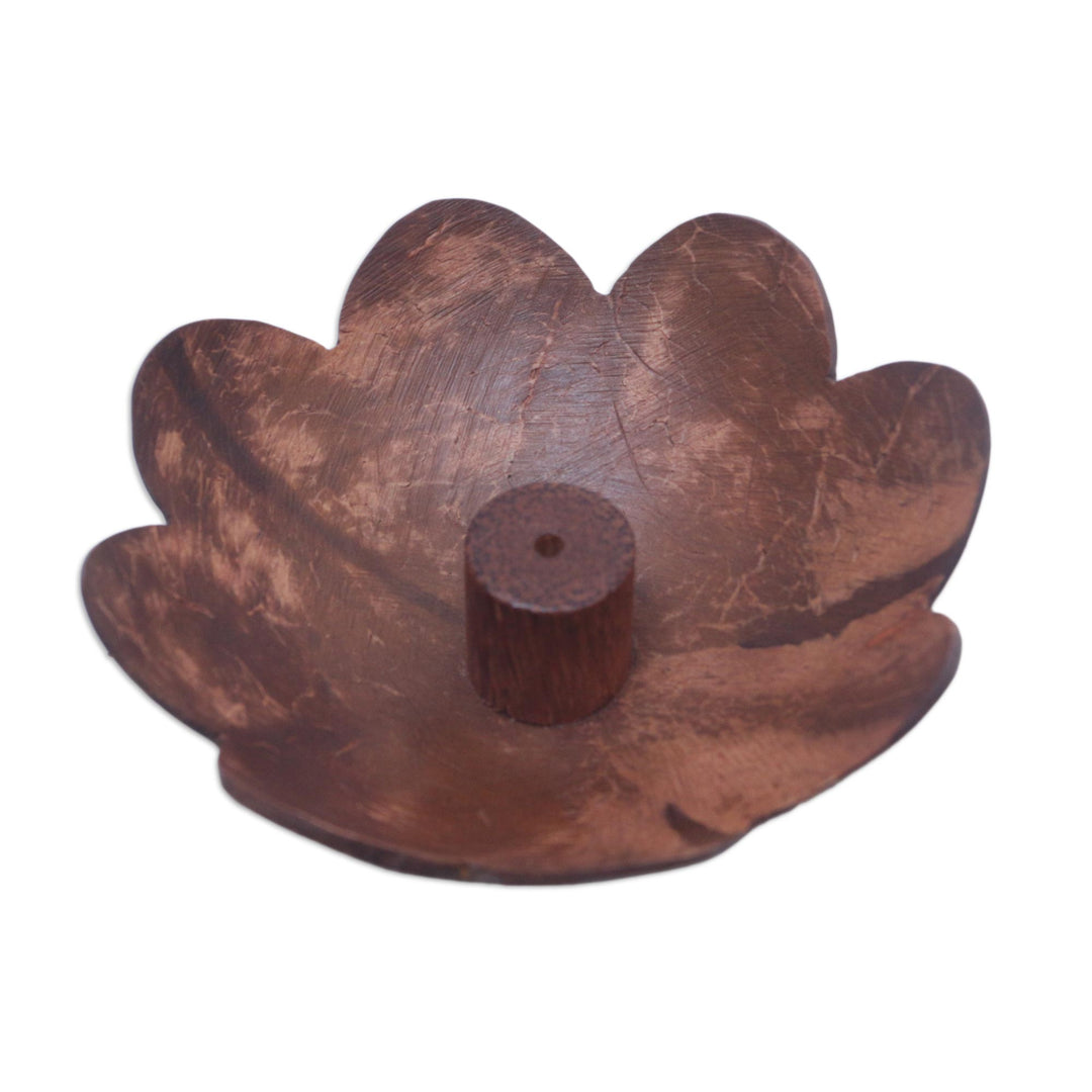 Hand Crafted Brown Coconut Shell Incense Holder from Bali - Harmony in Petals